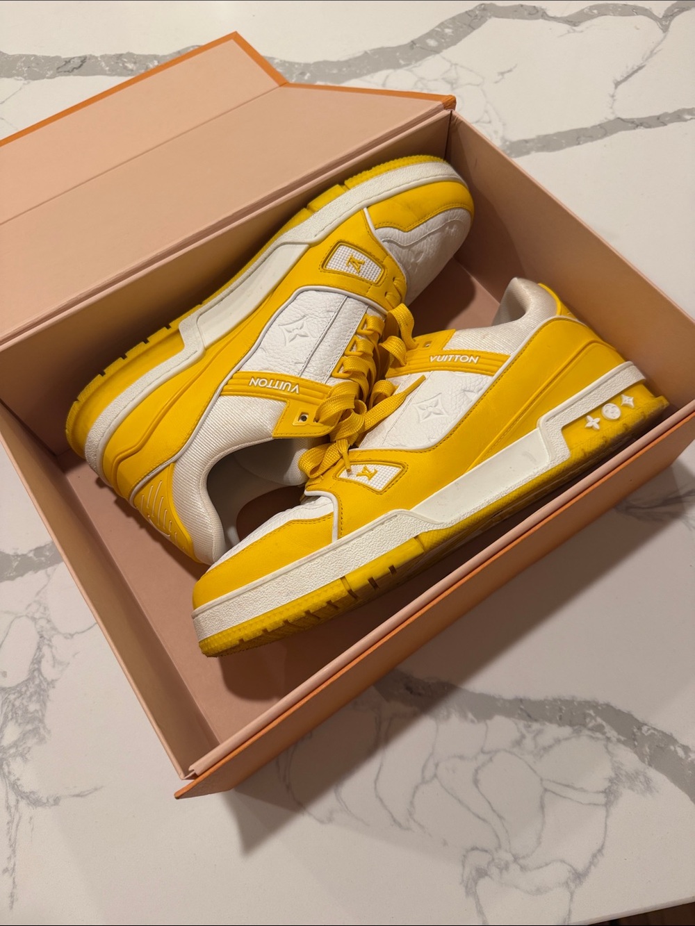 Louis Vuitton mens Yellow and White Low-Top Sneakers (0232)